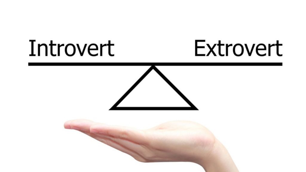 scale showing words introvert on the left and extrovert on the right, with hand underneath to indicate balance in the workplace