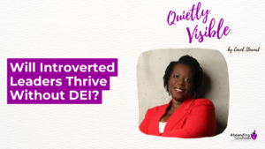 The text asks, "Will Introverted Leaders Thrive Without DEI?" in bold white letters on a purple background. A smiling woman in a red blazer is featured against a neutral-toned backdrop. The Abounding Solutions logo is in the bottom right corner.