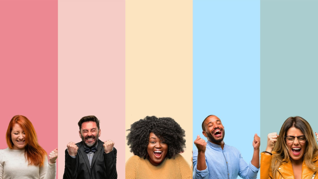 Five people celebrating with clenched fists and joyful expressions, each against a different pastel-colored background.