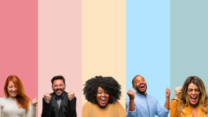 Five people celebrating with clenched fists and joyful expressions, each against a different pastel-colored background.